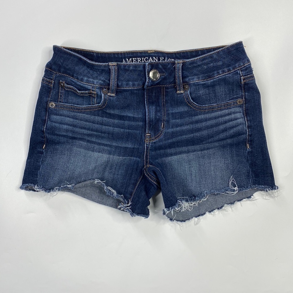 American Eagle 360 Super Stretch Shortie Dark Wash Raw Hem Shorts Size 2
